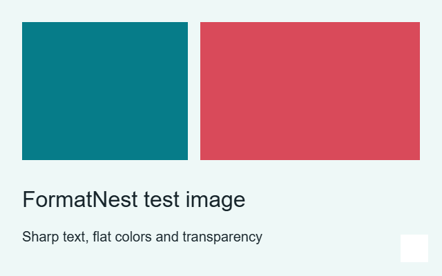 Compression test image with teal and red rectangles, sharp text and a transparent corner